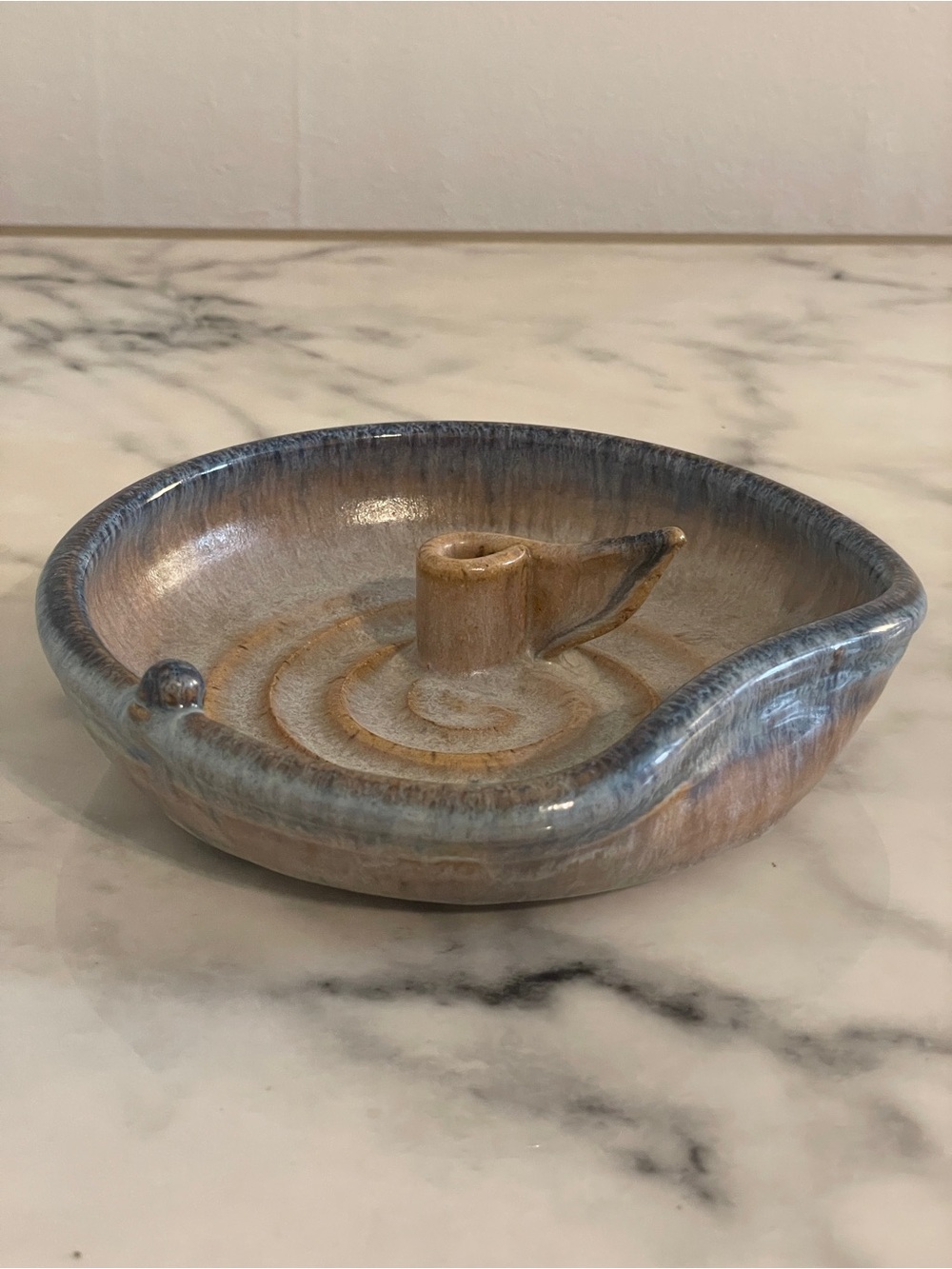 Vintage Greg Neal Studio Art Pottery Handmade Stem Dish Bowl Tan Blue Brown 1999
